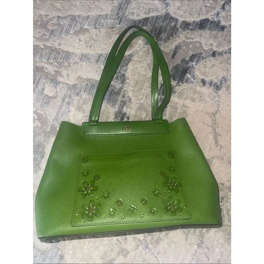 Michael Kors Lime Green Leather Floral Applique Tote